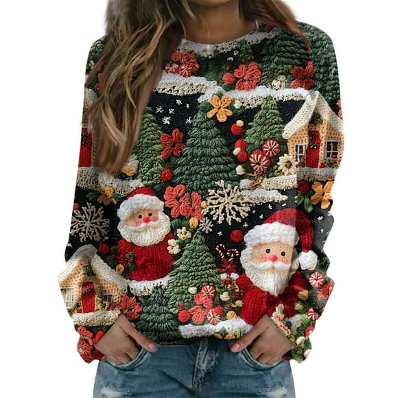 Christmas Sweaters for Women 2025 Round Neck Festive Pullover Oversized Knitted Plus Size Festive Holiday Pullover Sweater Cute Womens Fair Isle Sweaters