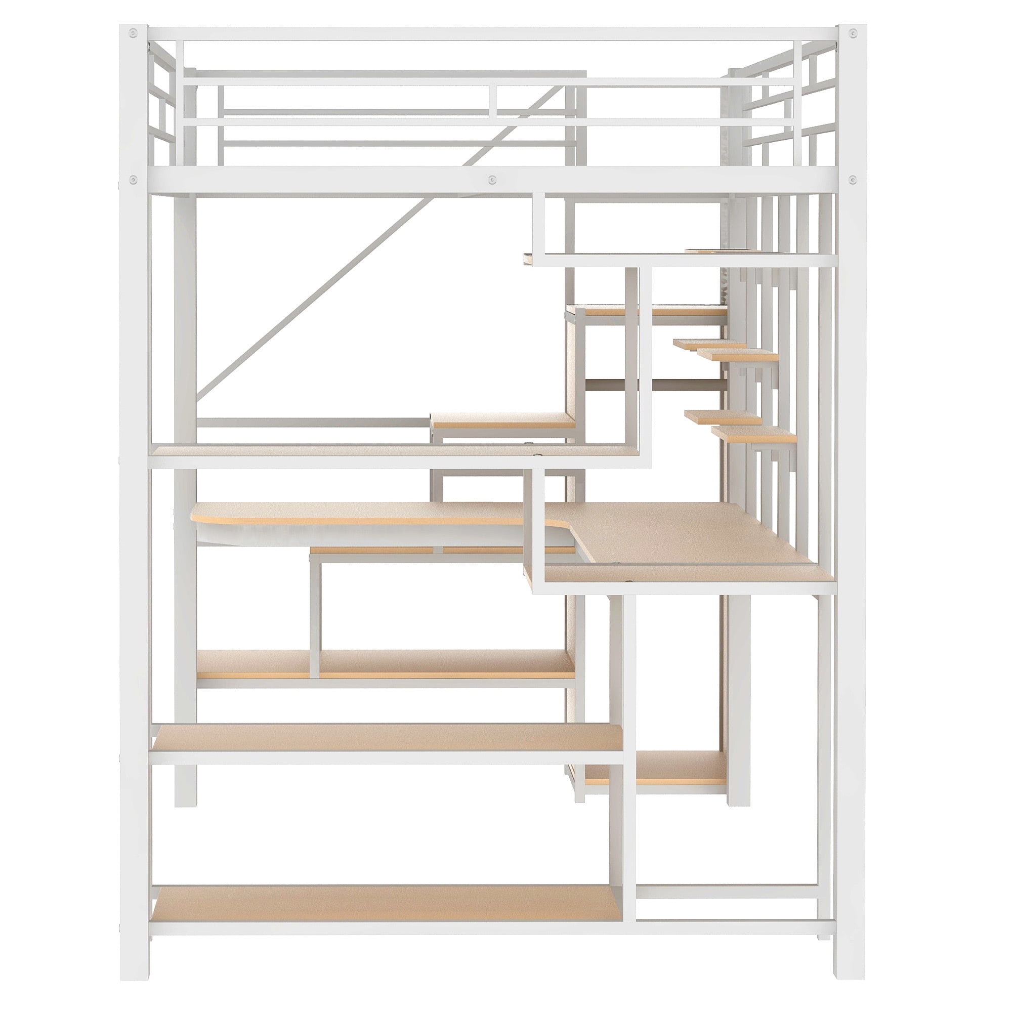 Euroco Modern Metal Full Size Loft Bed with Wardrobe, Desk and Storage Shelves for Kids Teens, White