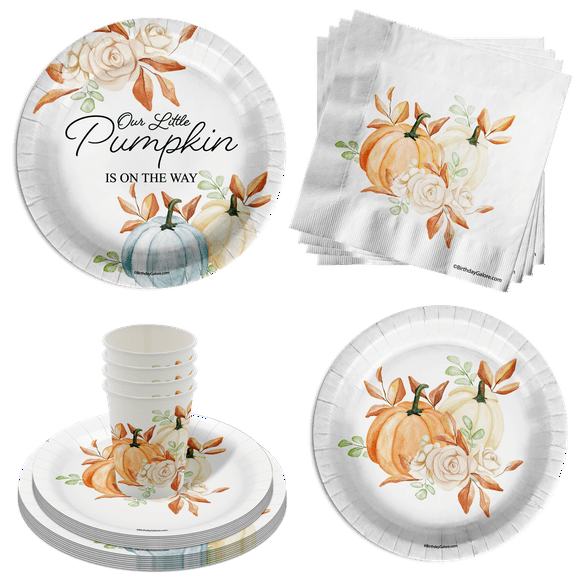 Little Pumpkin on the Way Boy Baby Shower Party Supplies 64 Piece Tableware Set Includes Large 9" Paper Plates Dessert Plates, Cups and Napkins Kit for 16