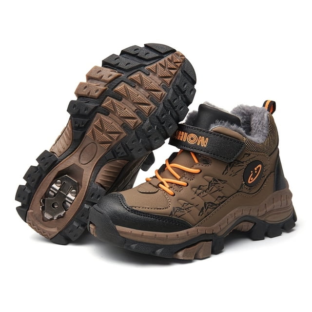 LNGOOR Bottes de Randonnée Isolées en Polaire pour Garçons - Griffes en Acier Résistantes à l'Usure Antidérapantes Imperméables Respirantes Légères et Confortables Chaussures de Sport Extérieures pour Camping Escalade