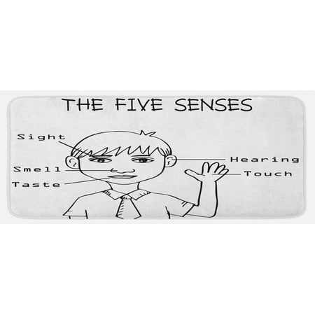 

Science Kitchen Mat 5 Senses Shown on Little Boy Portrait Explanatory Texts Monochrome Drawing Plush Decorative Kitchen Mat with Non Slip Backing 47 X 19 Black White by Ambesonne