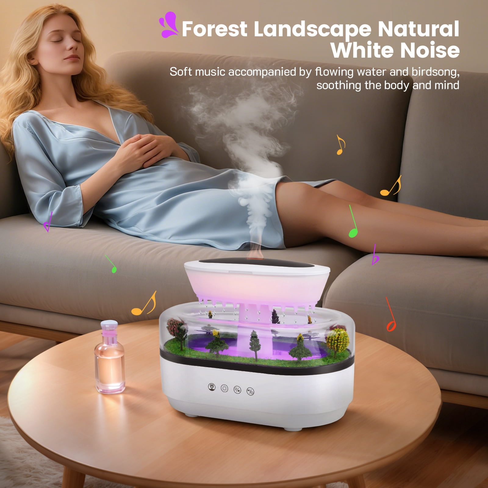 FANCYBANT Oil Diffuser Air Humidifier 250ml Essential Oil Diffuser,7 Colors Rain Aroma Diffuser with White Noise,Room Diffuser for Home,Office,Gift,White