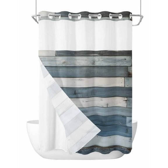 No Hook Shower Curtain with Snap-in Liner, Vintage Blue Farmhouse Waterproof Fabric Bathroom Curtains, Retro Wooden Country Bath Curtains & Mesh Top Window 72"x84" Long
