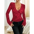 thumbnail image 5 of Women'S Floral Embroidery Mesh Lace Round Neck Long Sleeve Top Red S, 5 of 7