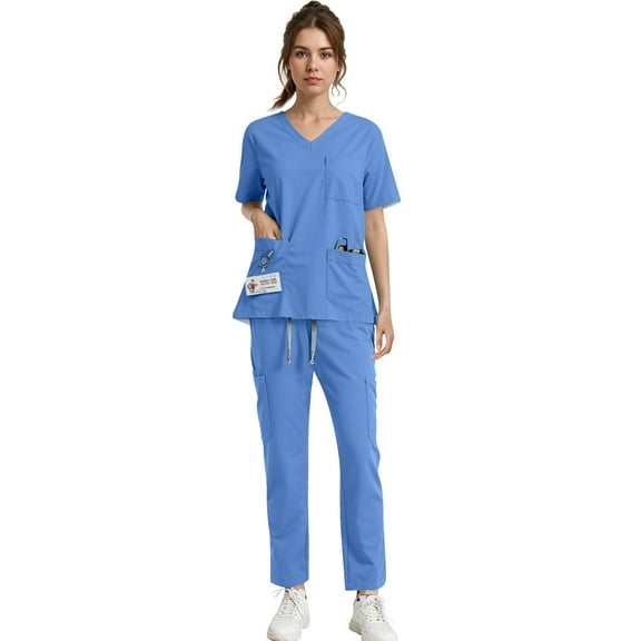 Medical Scrub Set for Women, Modern V-Neck Scrub Top & Jogger Scrub Pants with Multi Pockets Professionals Soft Stretch Athletic Nursing Uniform Workwear (Blue)