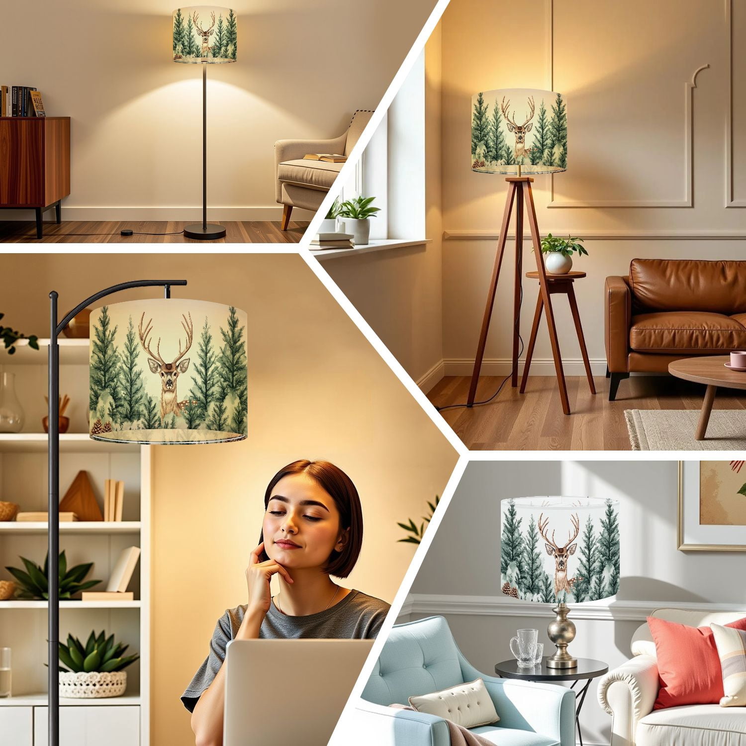 Linen Drum Lampshades Deer Abstract Wild Deer Surrounded By Trees Forest Modern Antlers Pine 13"x13"x10" Light Shade for Table Lamps Floor Lamp Shades Lampshade Replacement Assembly Required