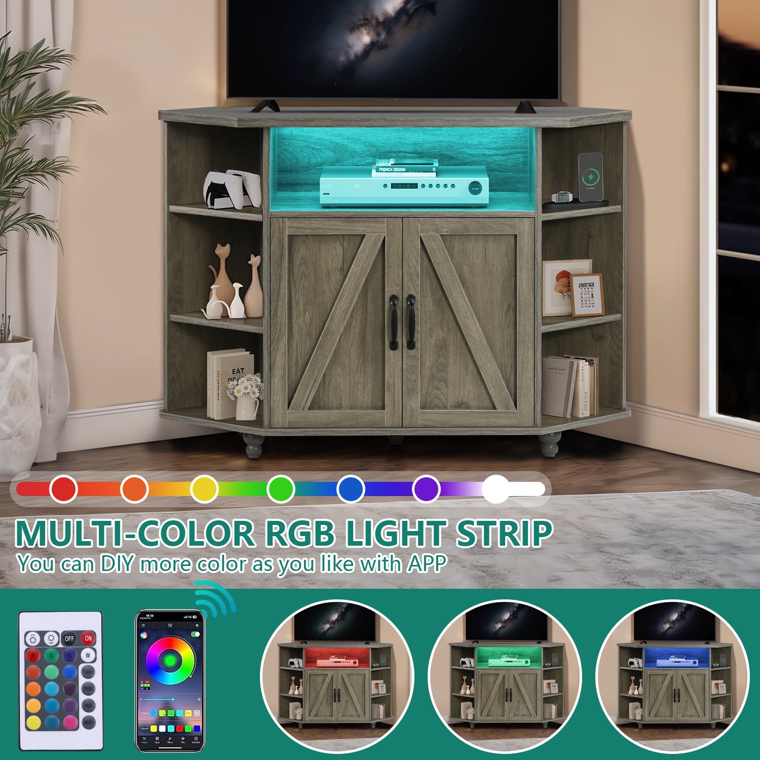 DreamCurship Modern Farmhouse Corner TV Stand for TVs Up to 55 Inch, Entertainment Center with Adjustable Shelves for Living Room, Wash Gray