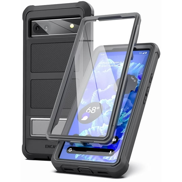 ENCASED Armure Falcon pour Pixel 6a Étui avec Support, Protecteur d'Écran Intégré avec Support en Métal (Google Pixel 6a 2022) Noir