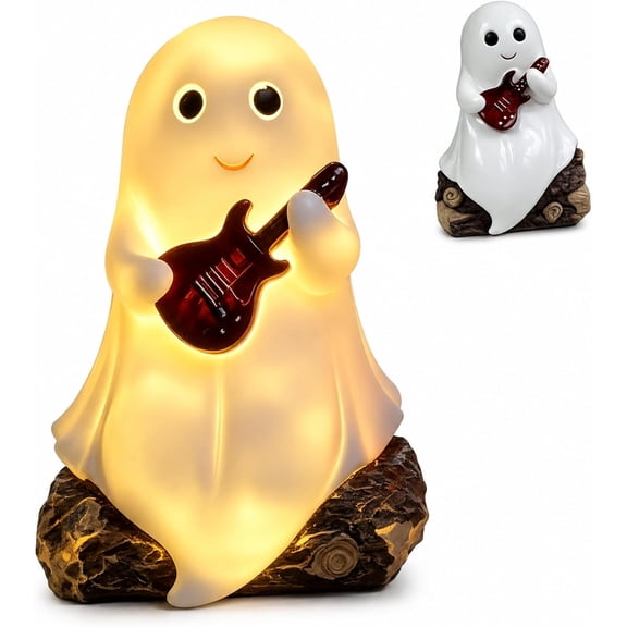 Light Up Guitar Ghost Halloween Decor, Resin LED Ghost Figurine with Warm Glow, Cute Spooky Tabletop Decoration for Mantel Shelf Desk Home