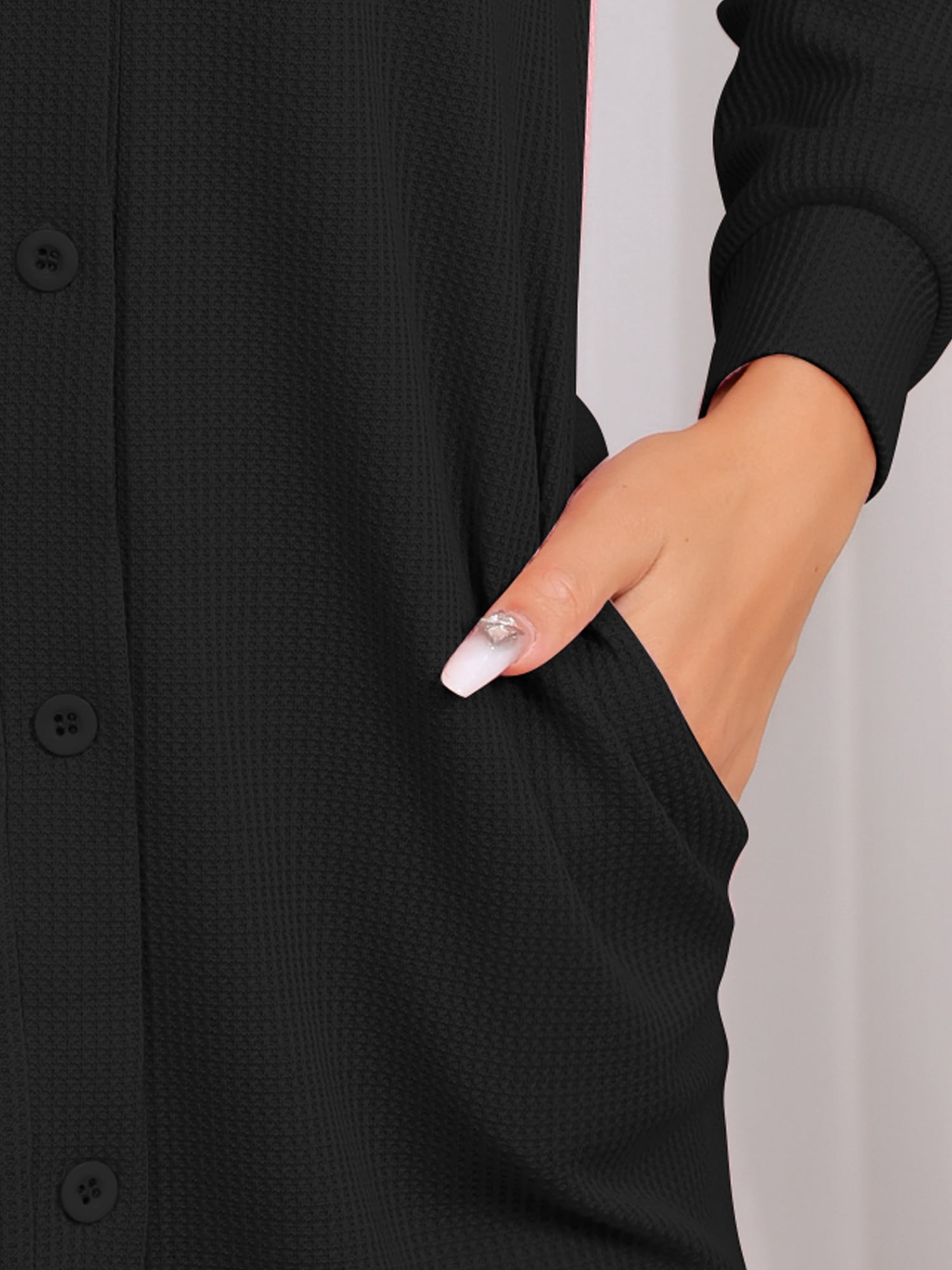 DARING DIVA Women's Waffle Knit Button Down Nightgown with Pockets M Black