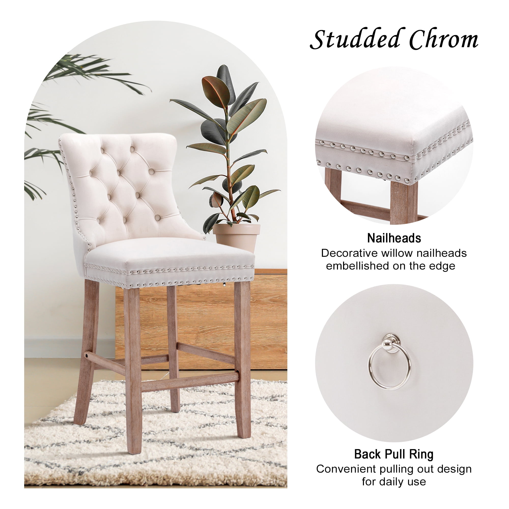 DONICK Velvet Counter Height Bar Stools Set of 4,Button Tufted Back Bar Chair Nailhead Back Pull Tab Wooden Leg(Beige)