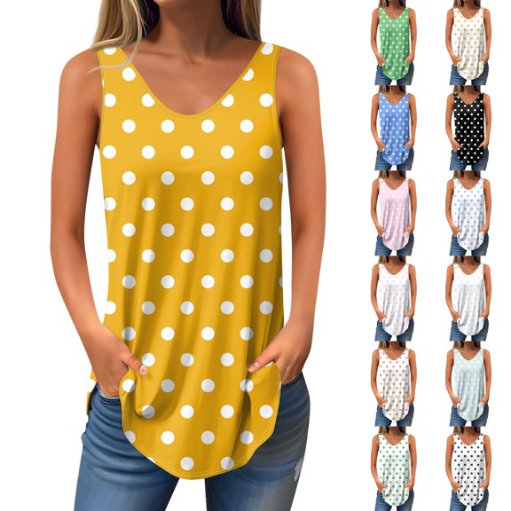 SROBPTY Womens Tank Tops Print V Neck Sleeveless Curved Hem Summer Shirts for Daily Wear