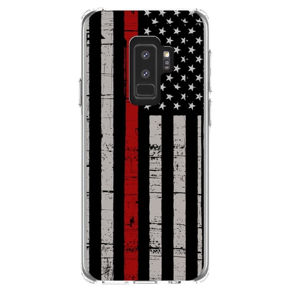 DistinctInk Clear Shockproof Hybrid Case for Samsung Galaxy S9  PLUS (6.2" Screen) - TPU Bumper, Acrylic Back, Tempered Glass Screen Protector - Weathered Thin Red Line US Flag - First Responders