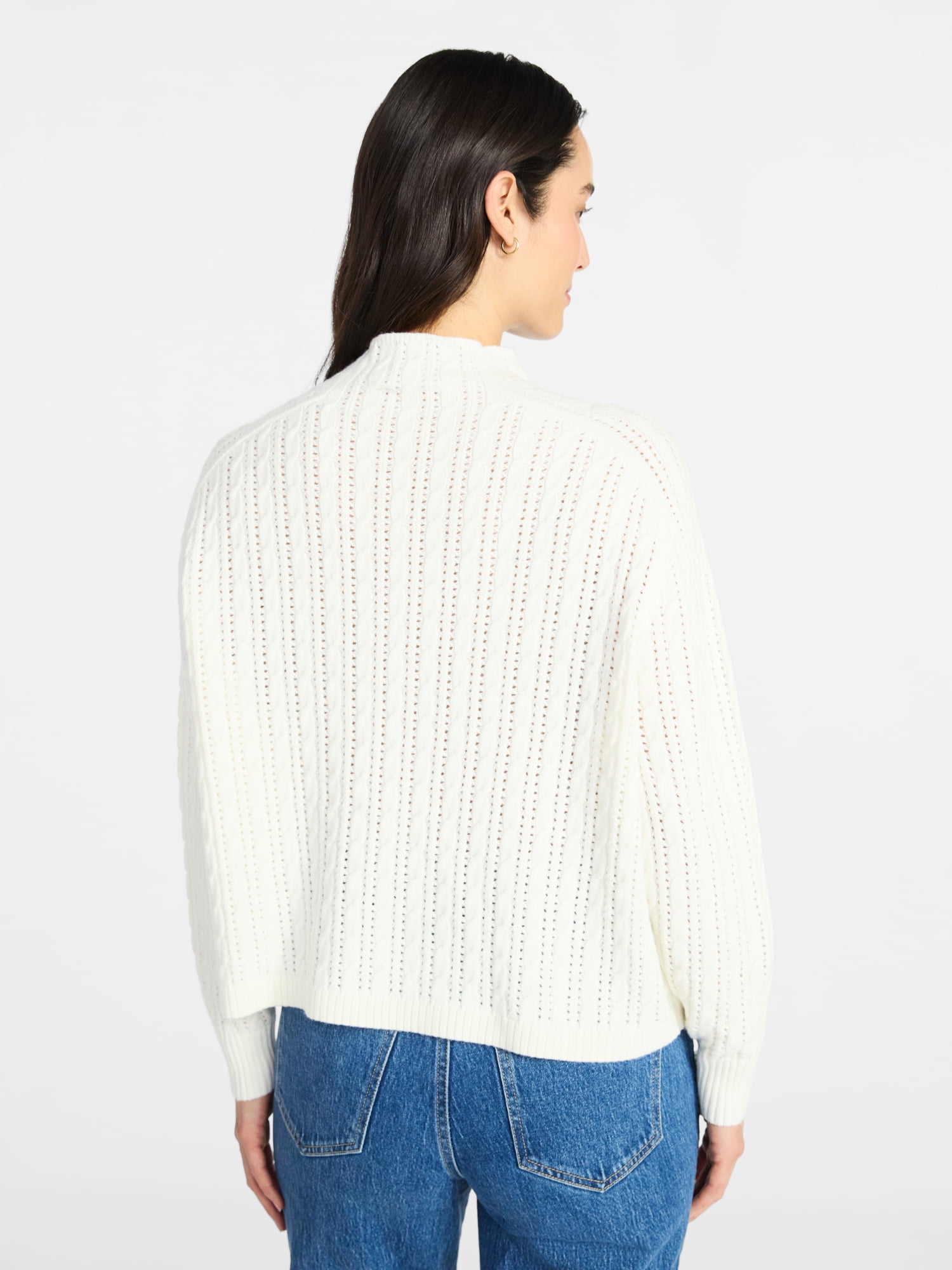 Time and Tru Women's Pointelle Mock Neck Pullover Sweater with Long Sleeves, Lightweight, Sizes XS-XXXL