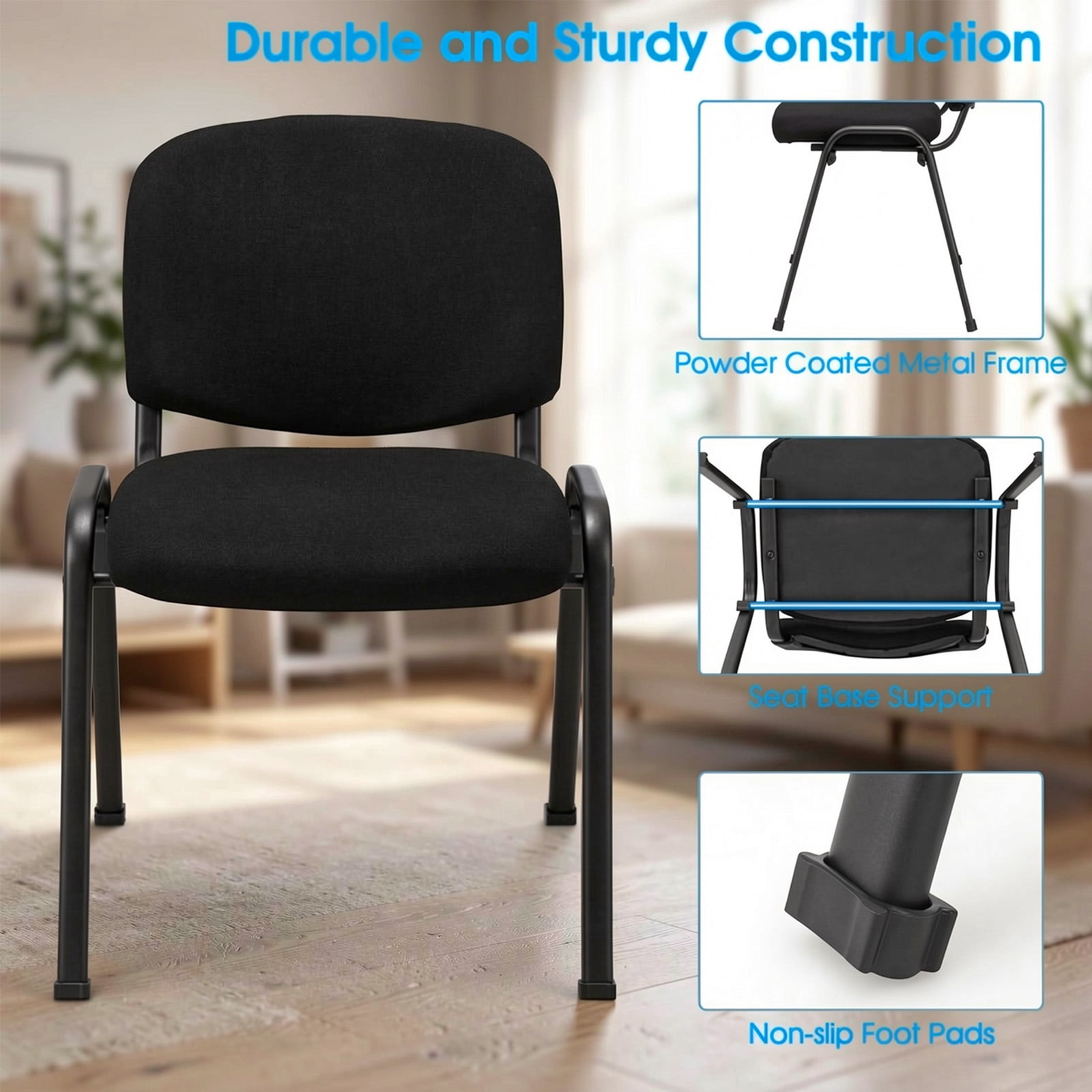 Furnibear Conference Chair Set of 5, Stackable Reception Office Guest Chair with Linen Padded Seat and Metal Frame for Meeting Waiting Room, Black