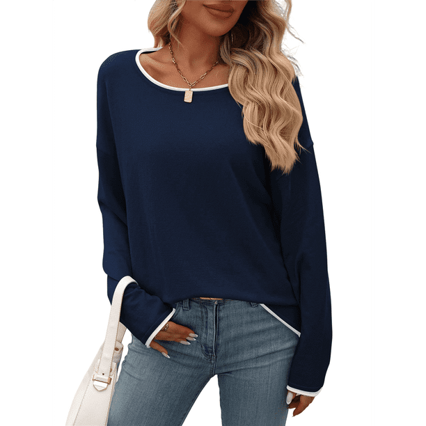 Suéteres de Otoño 2025 para Mujer, Informales, de Cuello Redondo, con Contraste, de Larga, de Punto, Tops Tipo Jersey Azul Marino L