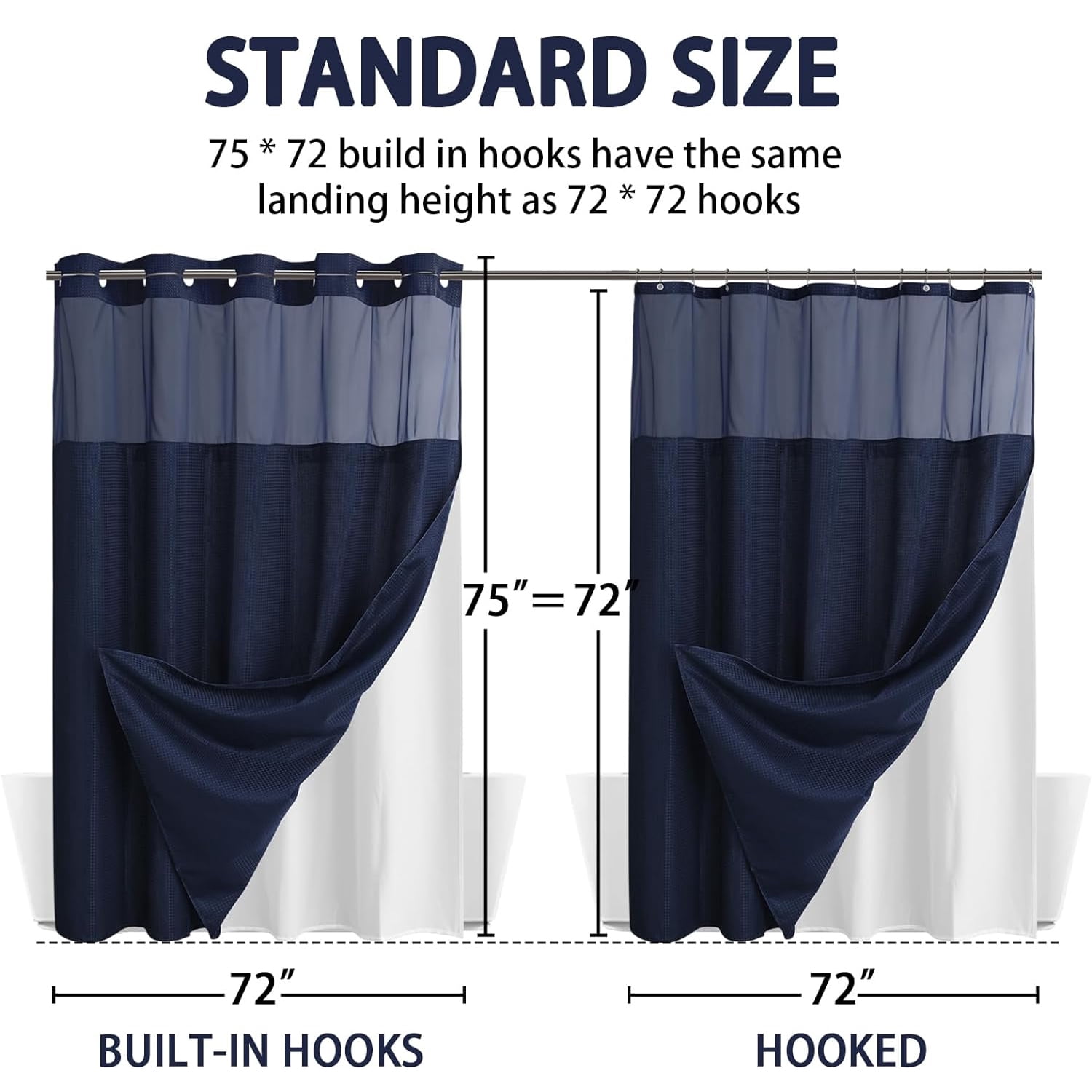 DawnJoanHD Waffle Weave No Hook Shower Curtain with Snap-in Liner, Blue Polyester Fabric with See-Through Top Window, 72" x 75"