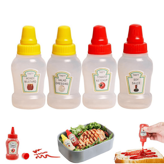 4 Pcs Mini Ketchup Bottles,25ml Condiment Squeeze Bottle,Plastic Portable Containers Bottle for Adults,Office,Lunchbox,Picnic,Oil,Soy Sauce,Honey,Salad Dressing