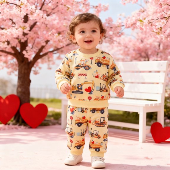 HAYIMI Child Toddler Kids Valentine's Day Outfit Sets Casual Print Tractor With Hearts Graphic Tops And Pants Two Piece Playwear Baby Boys Girls Breathable O-Neck Clothes Sets