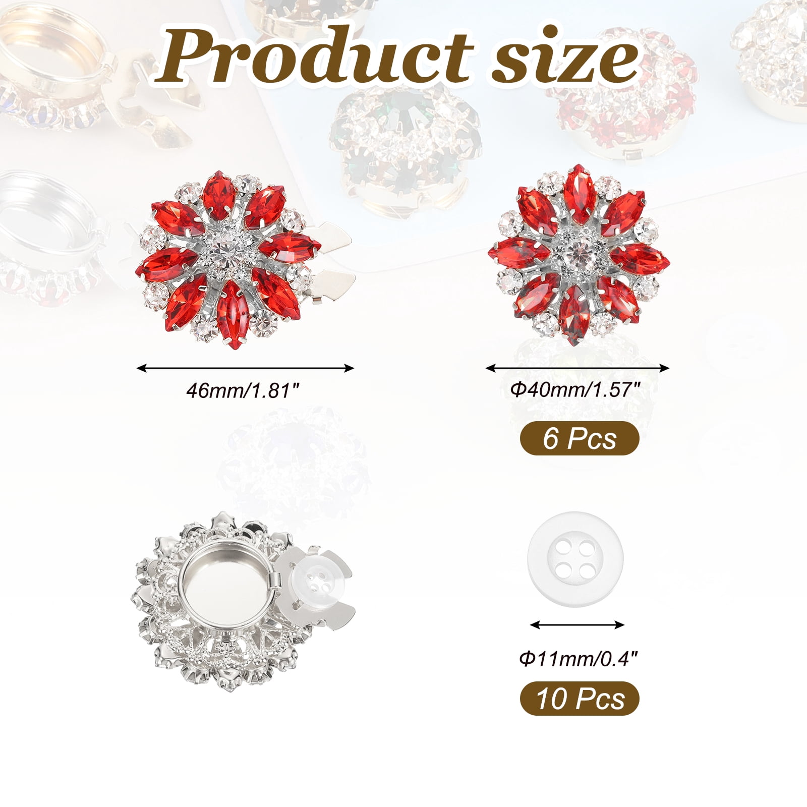 6 Pcs Rhinestone Button Covers Decorative Clips with 10 Pcs White Sewing Buttons Detachable Marquise Sewing Replacement for Women Men DIY Crafts Accessories (Red/Silver)