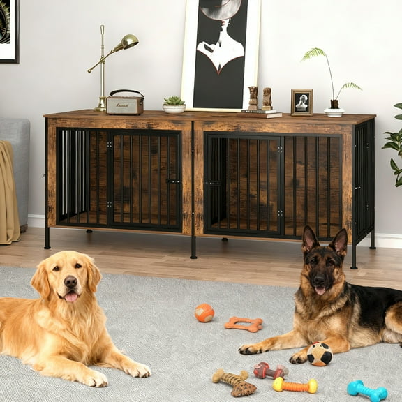 Deptok 78 Inch Dog Crate Furniture for 2 Large Dogs, Double Dog Kennel with Divider, Extra Large Wooden Dog Cage TV Stand, Heavy Duty Indoor Dog House, Easy Assembled, Brown