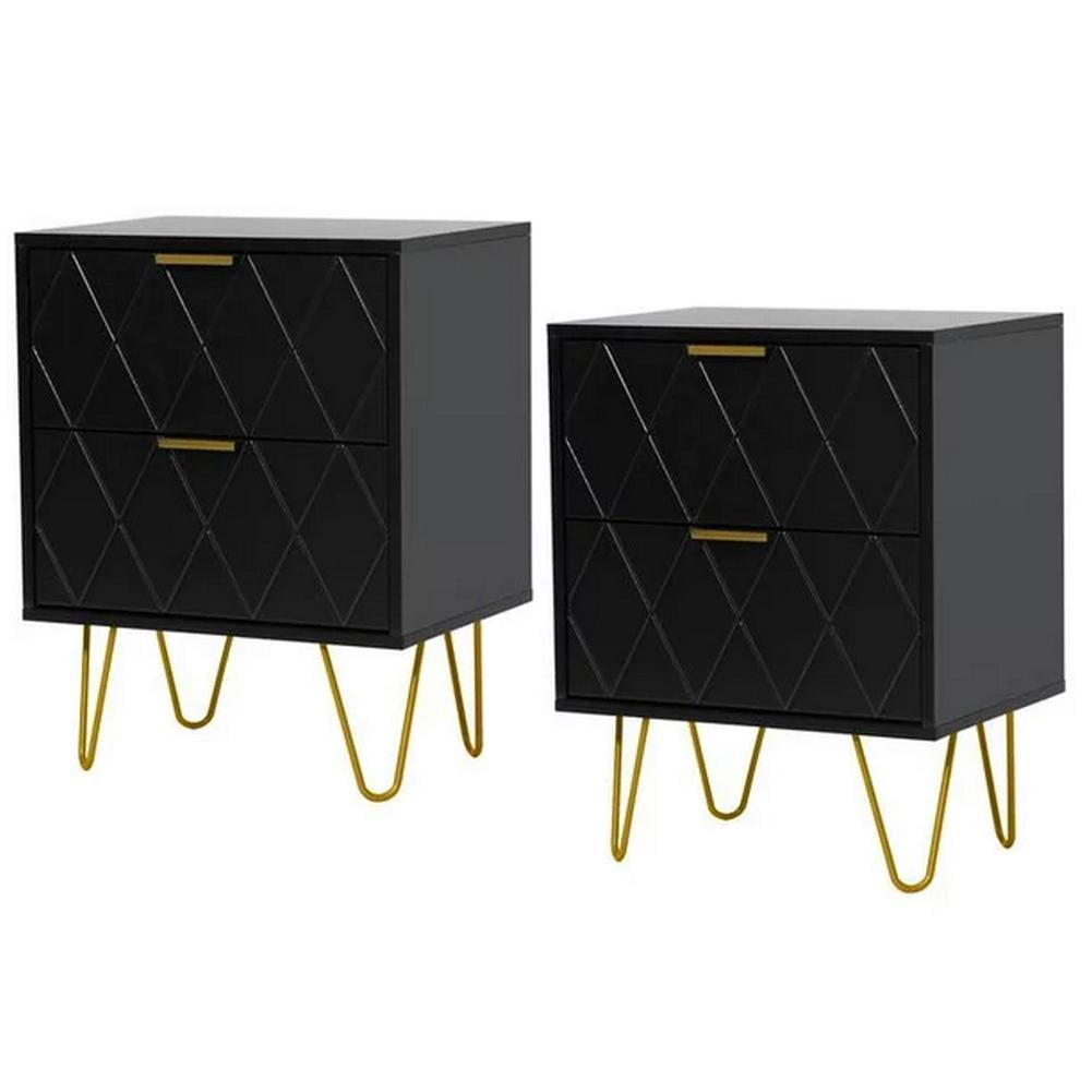 eclife Set of 2 Black Nightstand with 2 Drawers, Modern Bedside Table with Gold Handles for Bedroom or Living Room