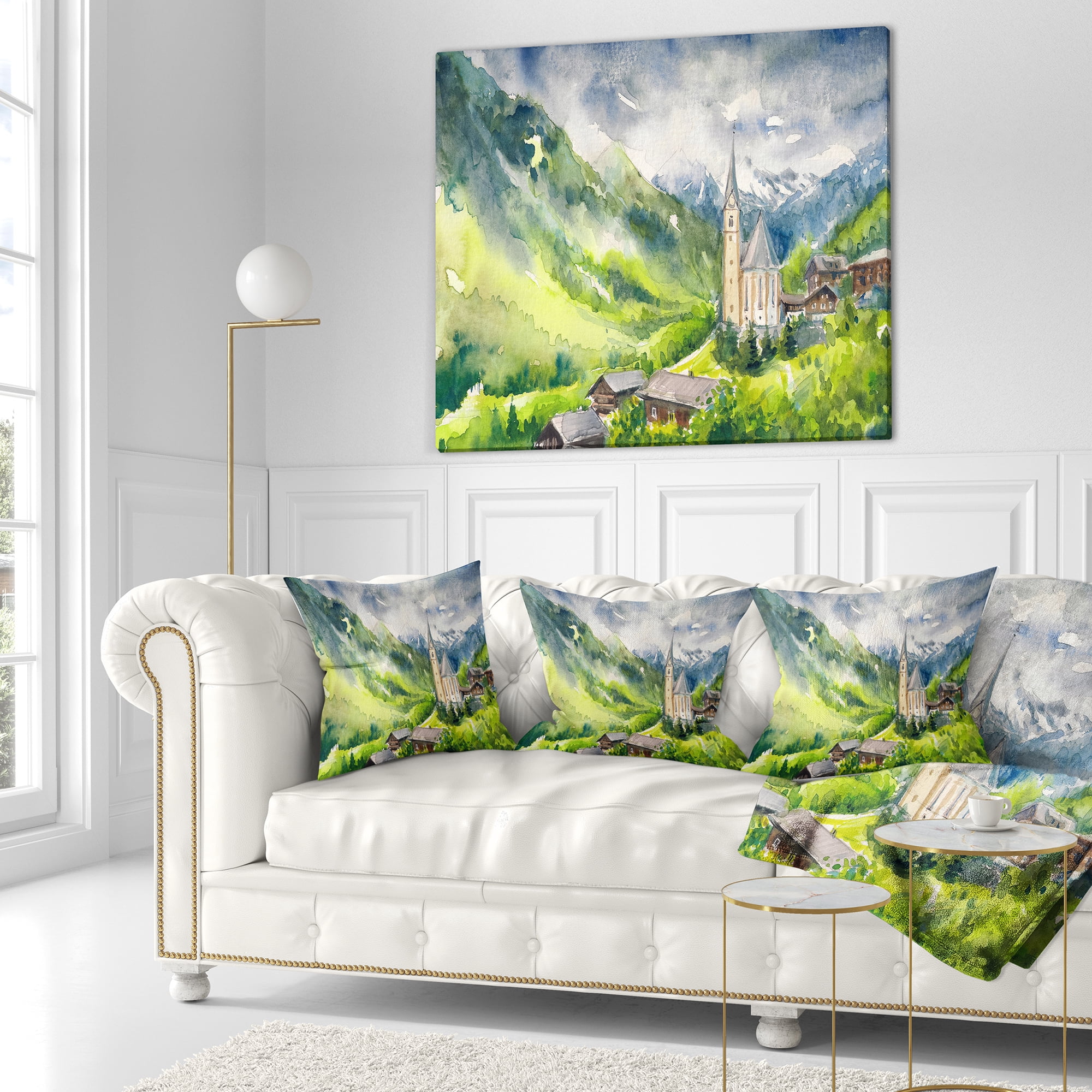 Designart Village Heiligenblut Watercolor - Landscape Painting Throw Pillow - 18x18
