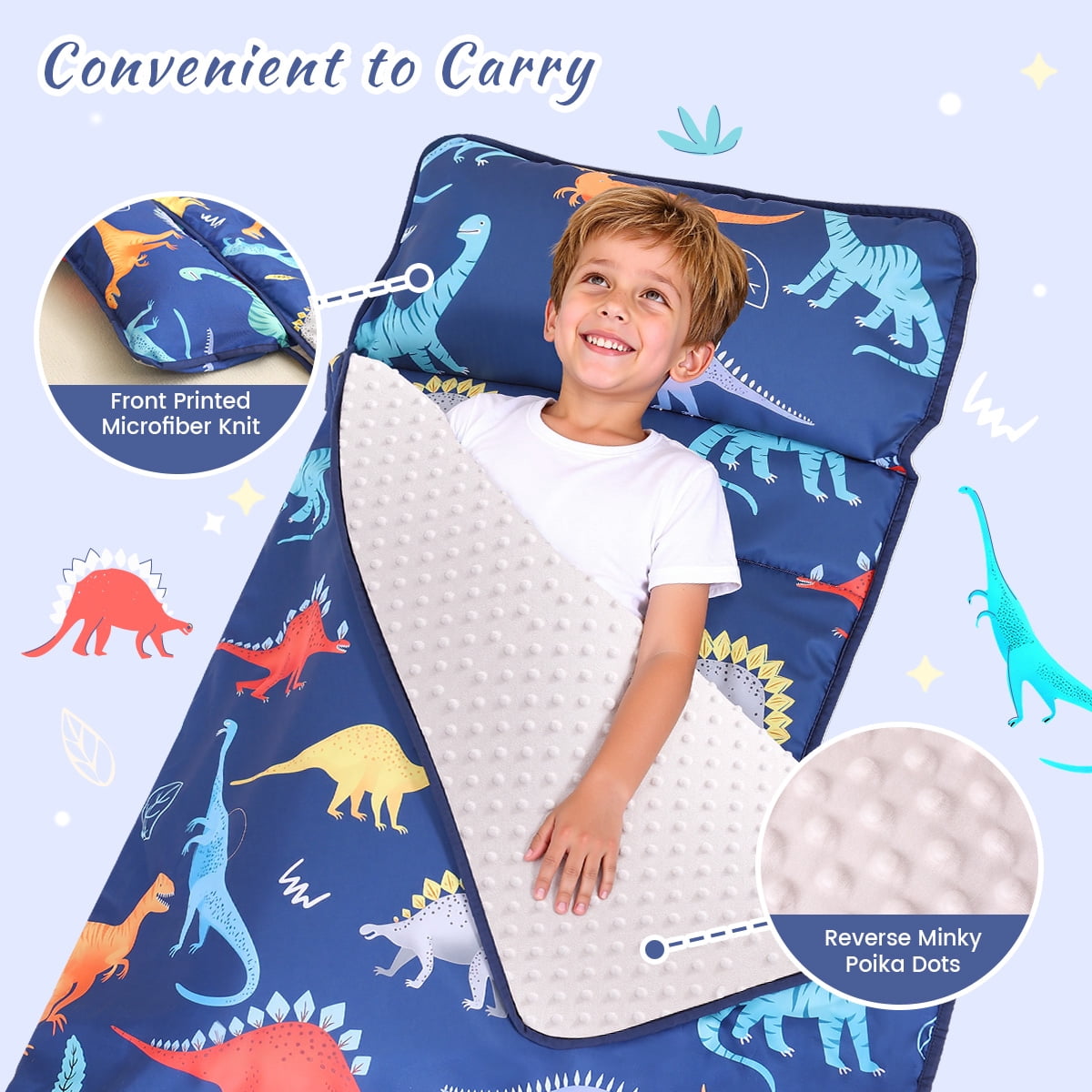Toddler Nap Mat, Caveen Sleeping Bag with Blanket and Removable Pillow, Portable Slumber Bags for Daycare and Travel, Easy to Roll, 55"x22", Blue