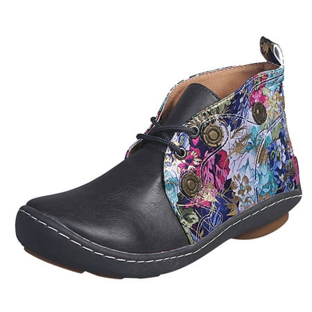 

jsaierl Retro Women Leather Flat Lace-Up Flower Print Short Booties Round Toe Shoes