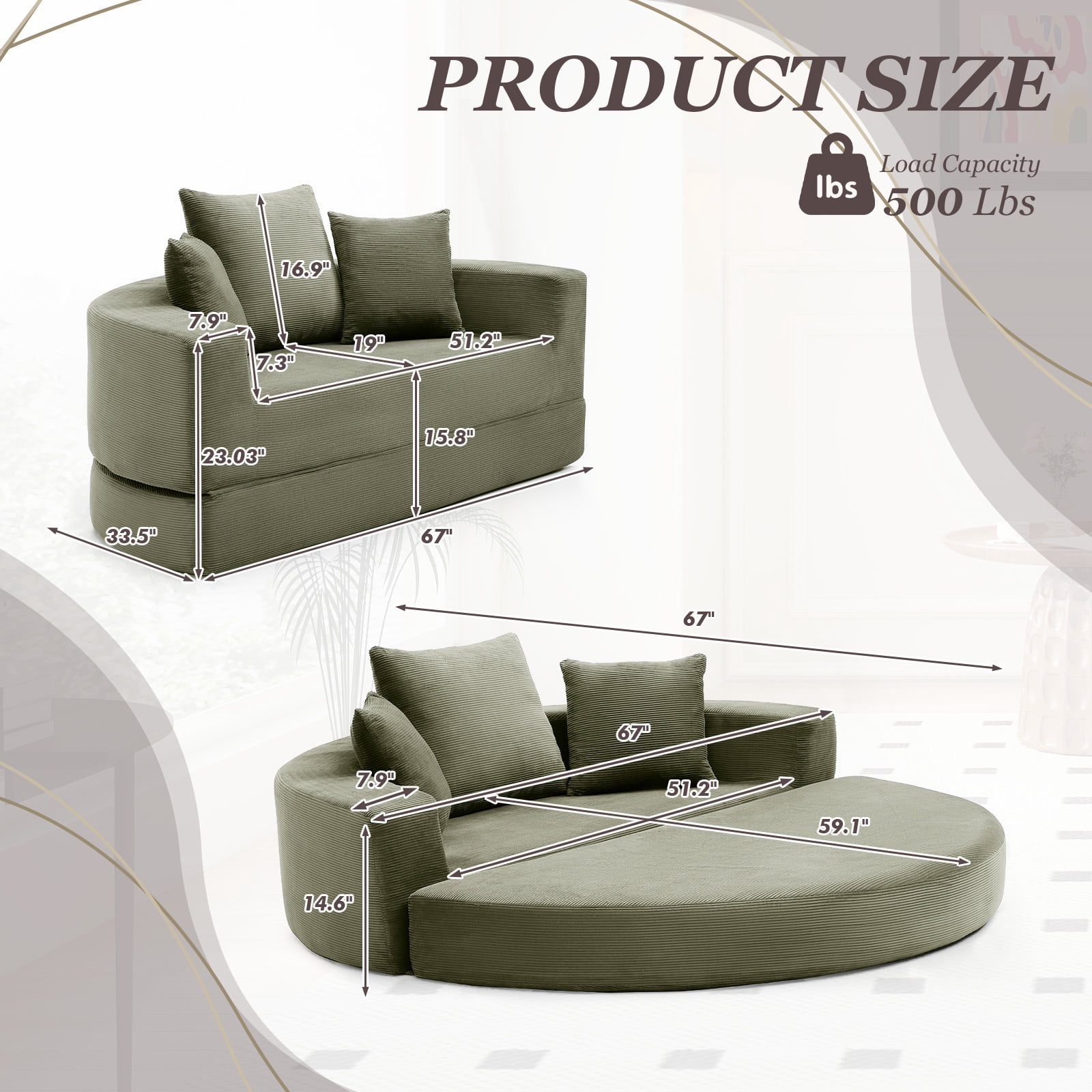 MOONMISS Convertible Sofa Couch Bed,Multi-Functional,Circular Bed,Adjustable Futon Sofa For Apartment Office Bedroom Living Room,Green