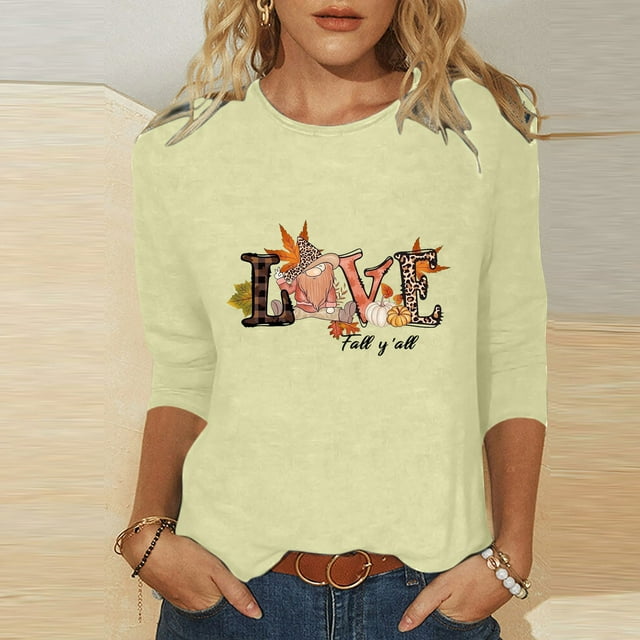 Xihbxyly Hauts pour Femmes Mode Décontractée T-shirt Imprimé Mi-Longueur Manches 3/4 Blouse Col Rond Hauts Décontractés Liquidation Économies Chemises Manches 3/4