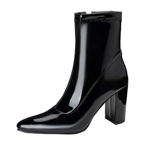 YLYL Womens Pointed Toe Ankle Booties Chunky High Heel Boots Side Zipper Patent Leather Boots