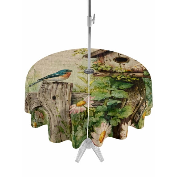 Outdoor Tablecloths with Umbrella Hole & Zipper, Spring Floral Round Tablecloths 60 Inch, Birds Cabin Watercolor Botanical Retro Art Waterproof Table Cloth, Patio/Pool/Picnic Table Covers