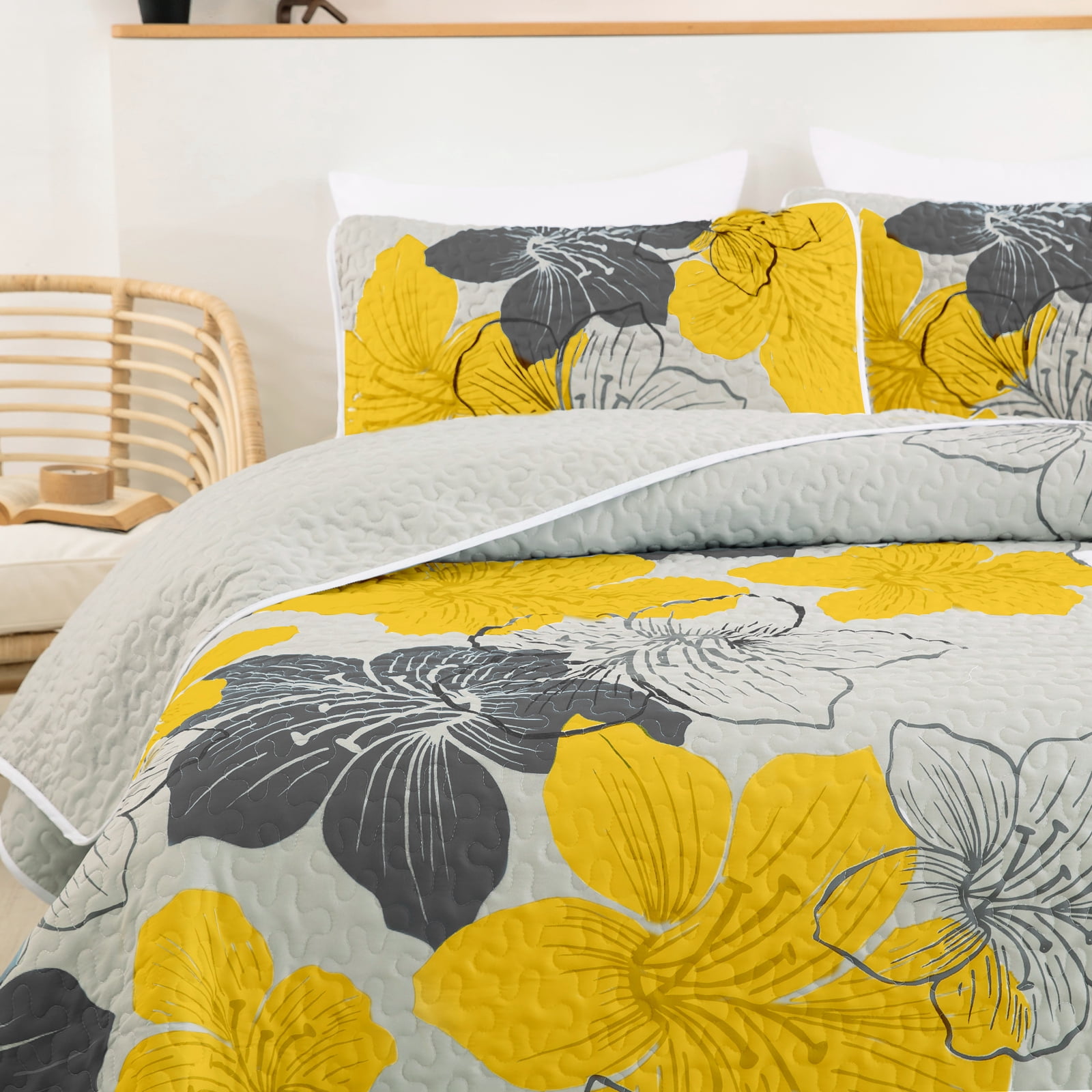 Floral Quilt Set King Size,3Pcs Yellow Bedding Set Lightweight Coverlet Adult(90"x110")