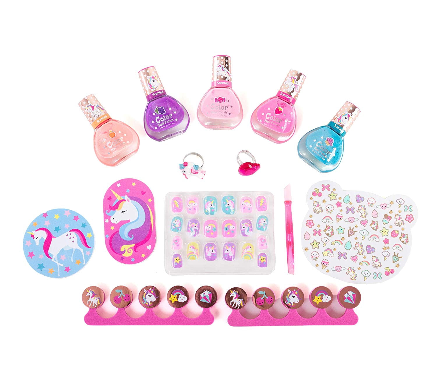 Hot Focus Nail Art Gift Set - 112 Piece Scented Grils Nail Kit Includes Press on Nails, Nail Polishes and More