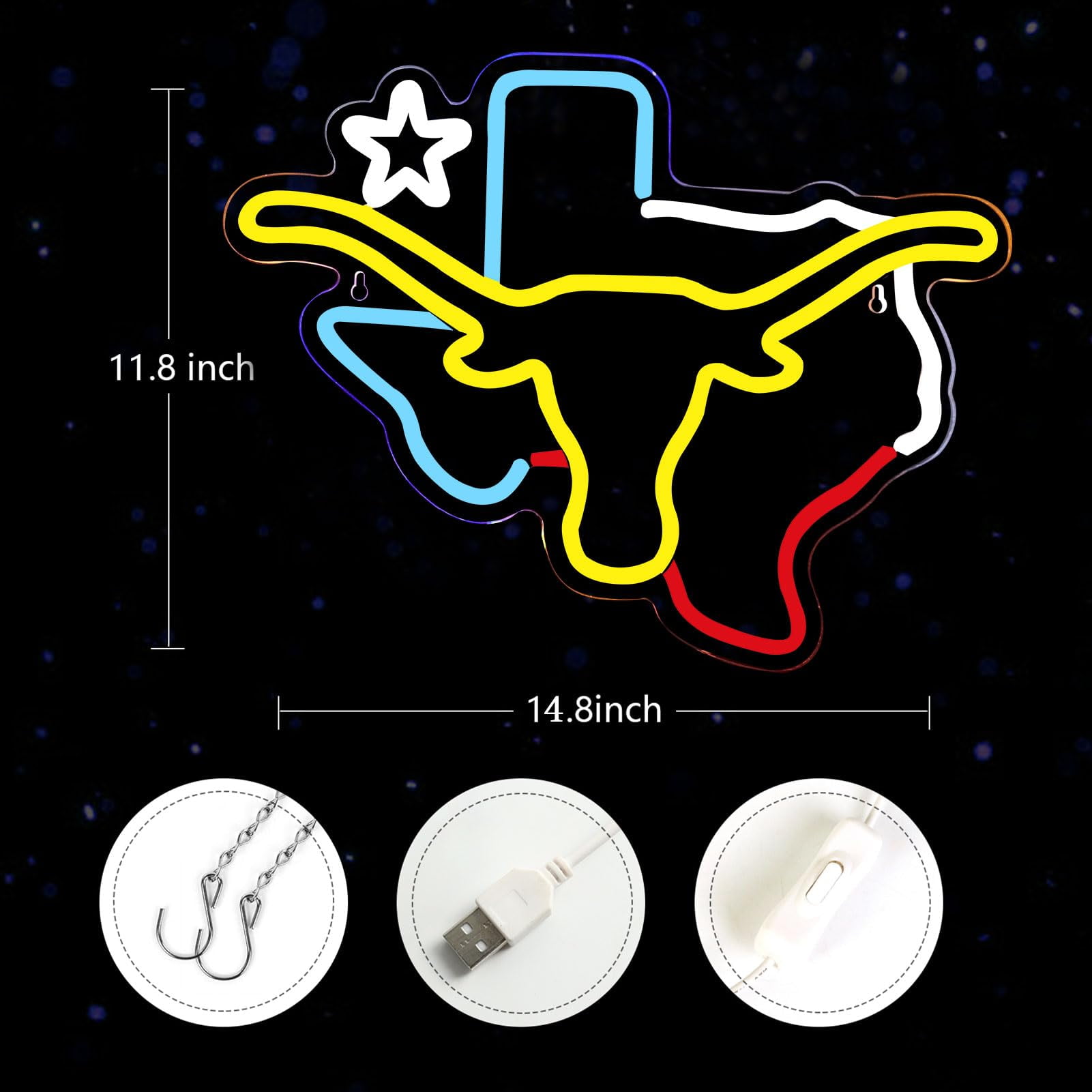 Texas Longhorn Neon Sign LED Multicolor Light USB Powered Wall Decor Lamp for Home Bar Gaming Room Decoration