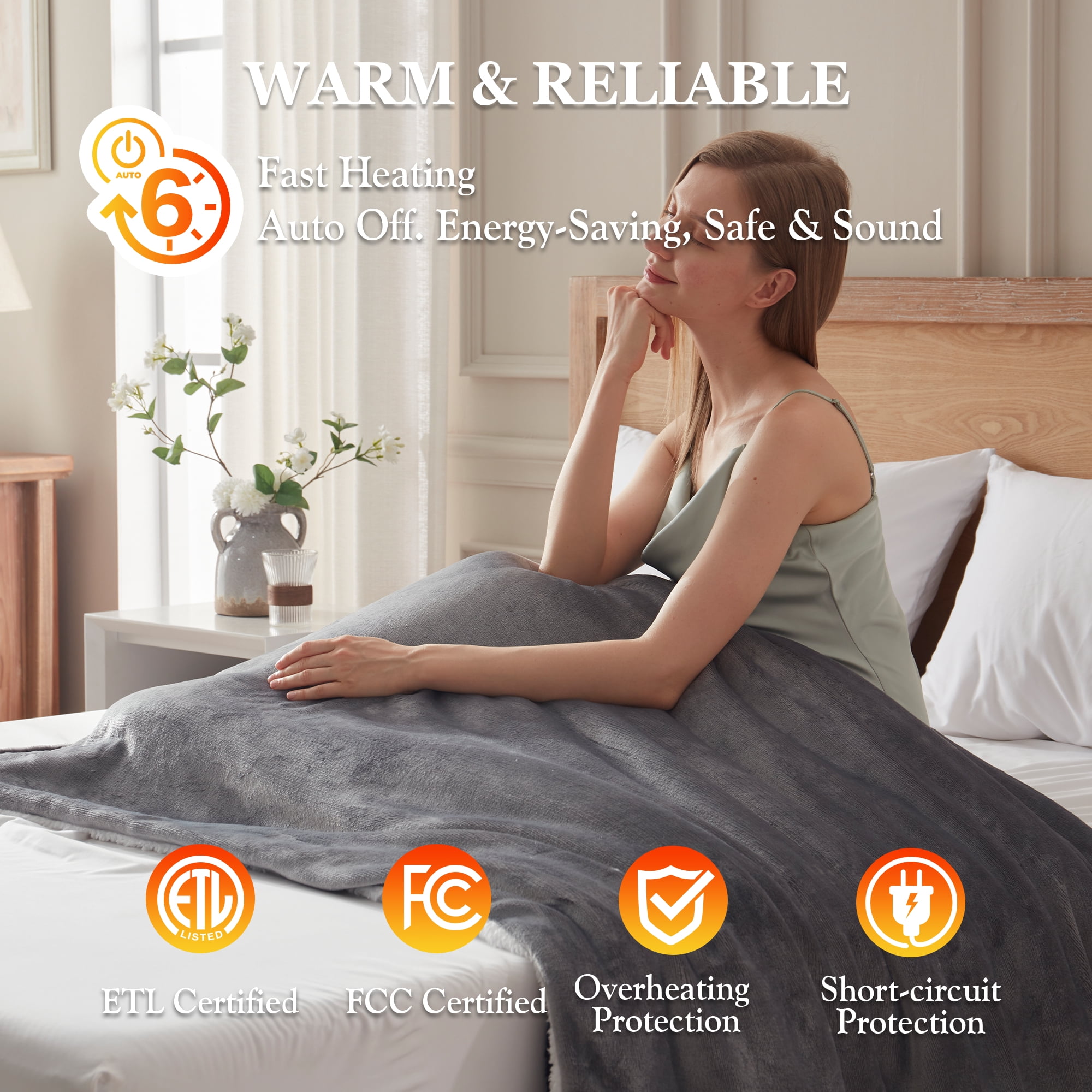 COZY@HOME Electric Blanket, Sherpa and Flannel Throw Size 50"x60", London Grey，Fast Heating 6 Heating Levels & 4H Auto-Off, Machine Washable