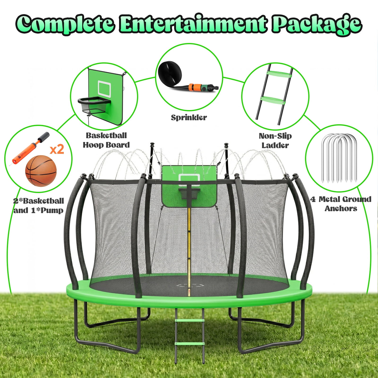 Outdoor Trampoline,Gardwin 12FT/14FT Round Trampoline with with Ladder,Sprinkler,Basketball Hoop Board,Recreational Backyard Trampolines Anti-Rust for Kids Gift