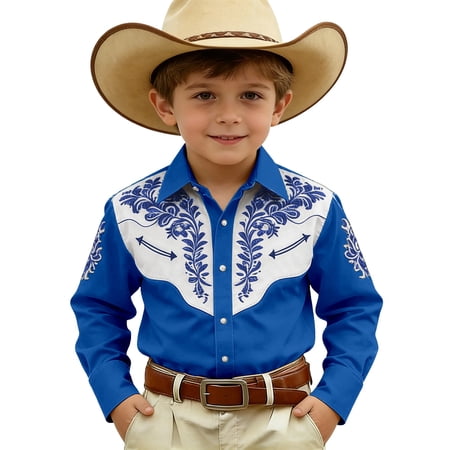 Byoo Tween Boys Button Up Shirt Floral Embroidered Western Cow Boy Long Sleeve Button Down Shirt Blue