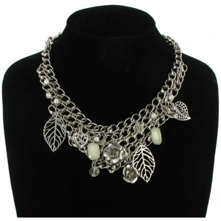 Tone Heart Link - Silver Tone Charm Flower Leaf Heart Light Green Rhinestone Chain Link Necklace