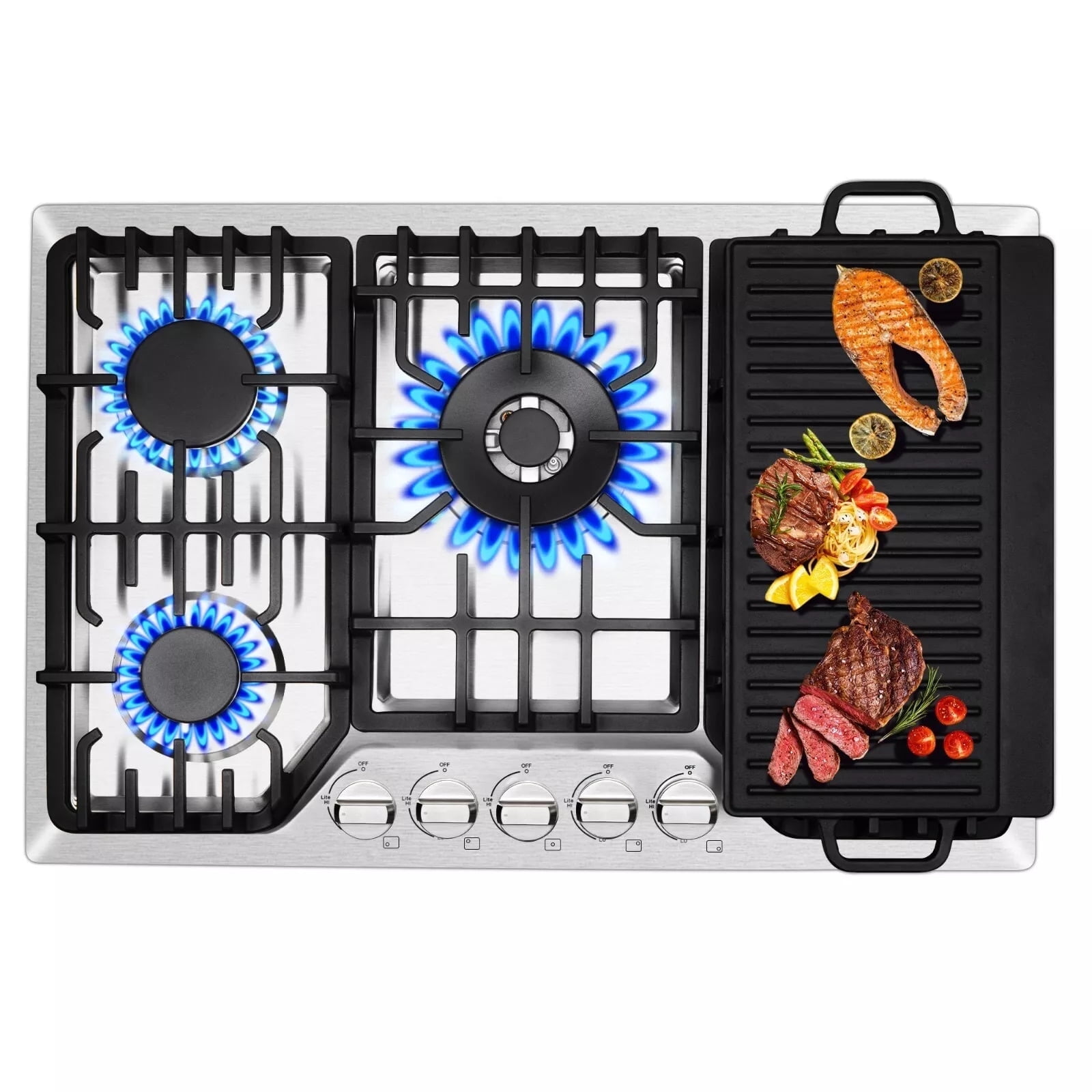 AMZGACHFKTCH 5 Burners Gas Cooktop Stainless Steel Reversible Grill