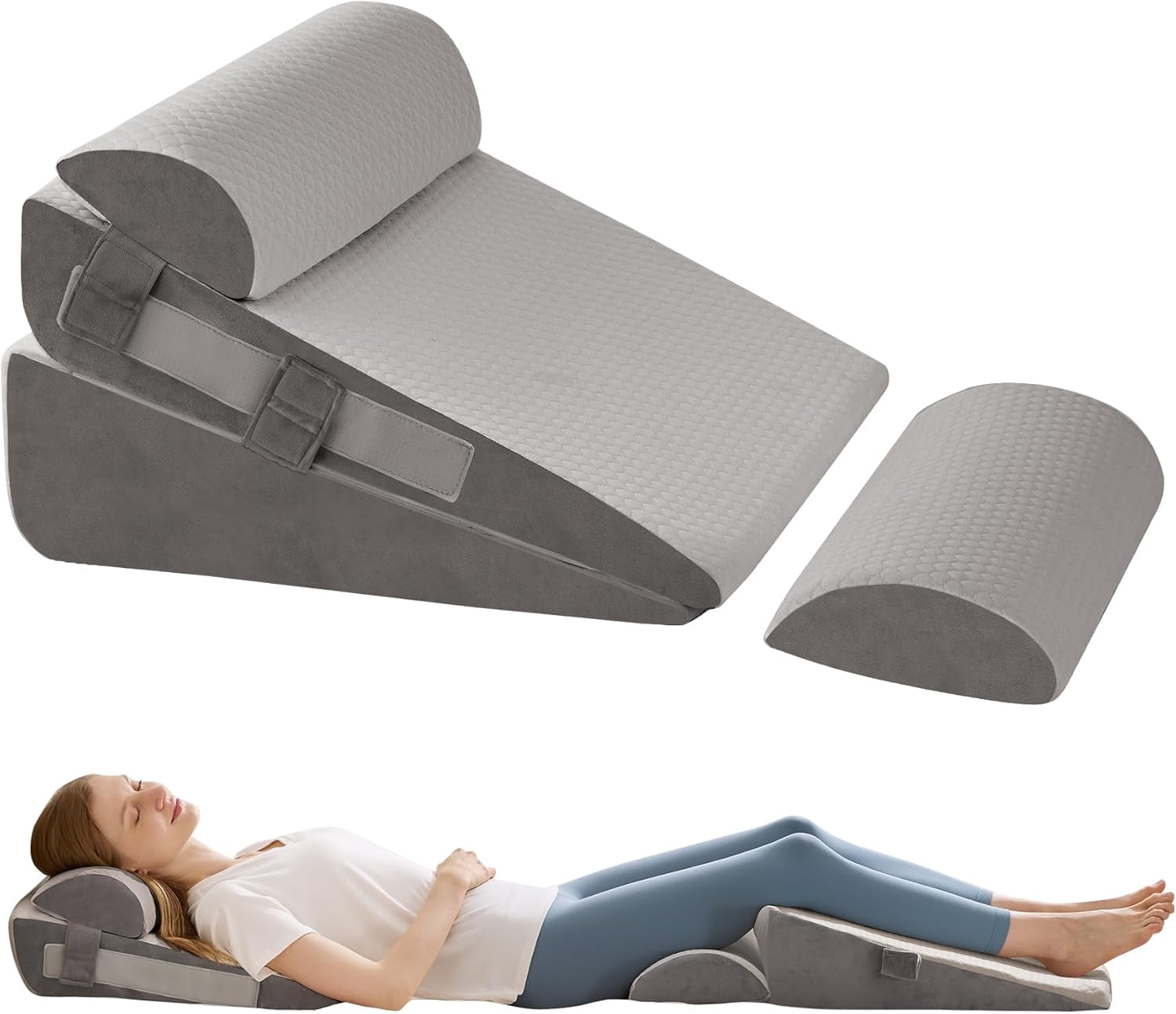 3Pcs Wedge Pillow Set for After Surgery,Acid Reflux Relief, Adjustable Bed Wedge Pillows for Sleeping,Anti Snore, Memory Foam Triangle Pillow for Back&Neck&Shoulder Pain Relief, White&Grey