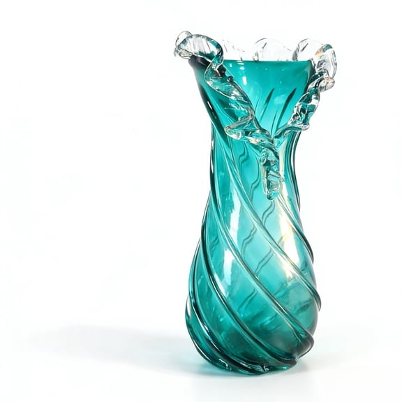 Teal Swirl Hand Blown Glass Vase, Ruffled Flared Rim Decorative Transparent Glass Flower Vase, Modern Curved Twist Vase for Table Centerpiece Home Bedroom Living Room Kitchen Decor