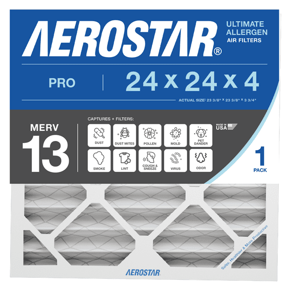 Aerostar 24x24x4 MERV 13 Air Filter, Pleated AC Furnace HVAC, Smoke Bacteria Allergy, 1 Pack