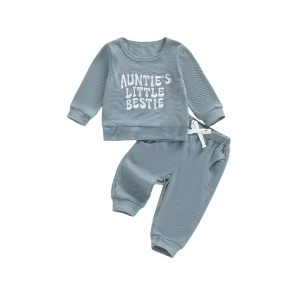 BemeyourBBs Auntie's Little Bestie Toddler Baby Boy 2 Piece Outfits Long Sleeve Letter Embroidery Waffle Knit Sweatshirt Pants Set Kids Spring Fall Winter Clothes