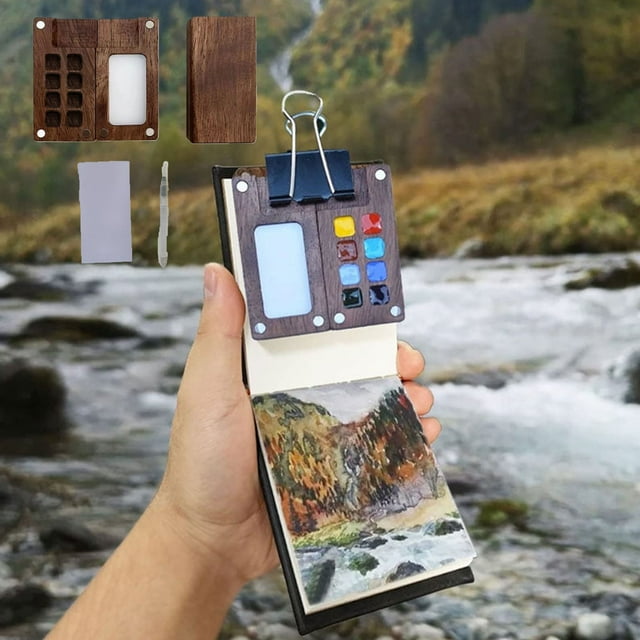 Xihbxyly Mini Juego de Acuarelas, Kit de Arte Portátil para Viajes, Diseño Desmontable de 8 Colores, Madera de Nogal Artesanal, Clip Magnético para Cuaderno de Bocetos, Perfecto para Artistas, Viajes