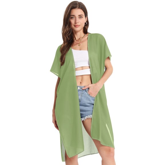 Beach Vacation Clothes Kimono Cardigan Loose Swimsuit Cover Up for Women Leaf Green S
