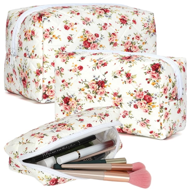 Aintmax 3 Piezas Bolsa De Maquillaje Acolchada Lindo Floral Algodón Coqueta Bolsa De Cosméticos Grande Bolsa De Aseo De Viaje Cepillos De Maquillaje Organizador De Almacenamiento Para Mujeres-Rosa Roj