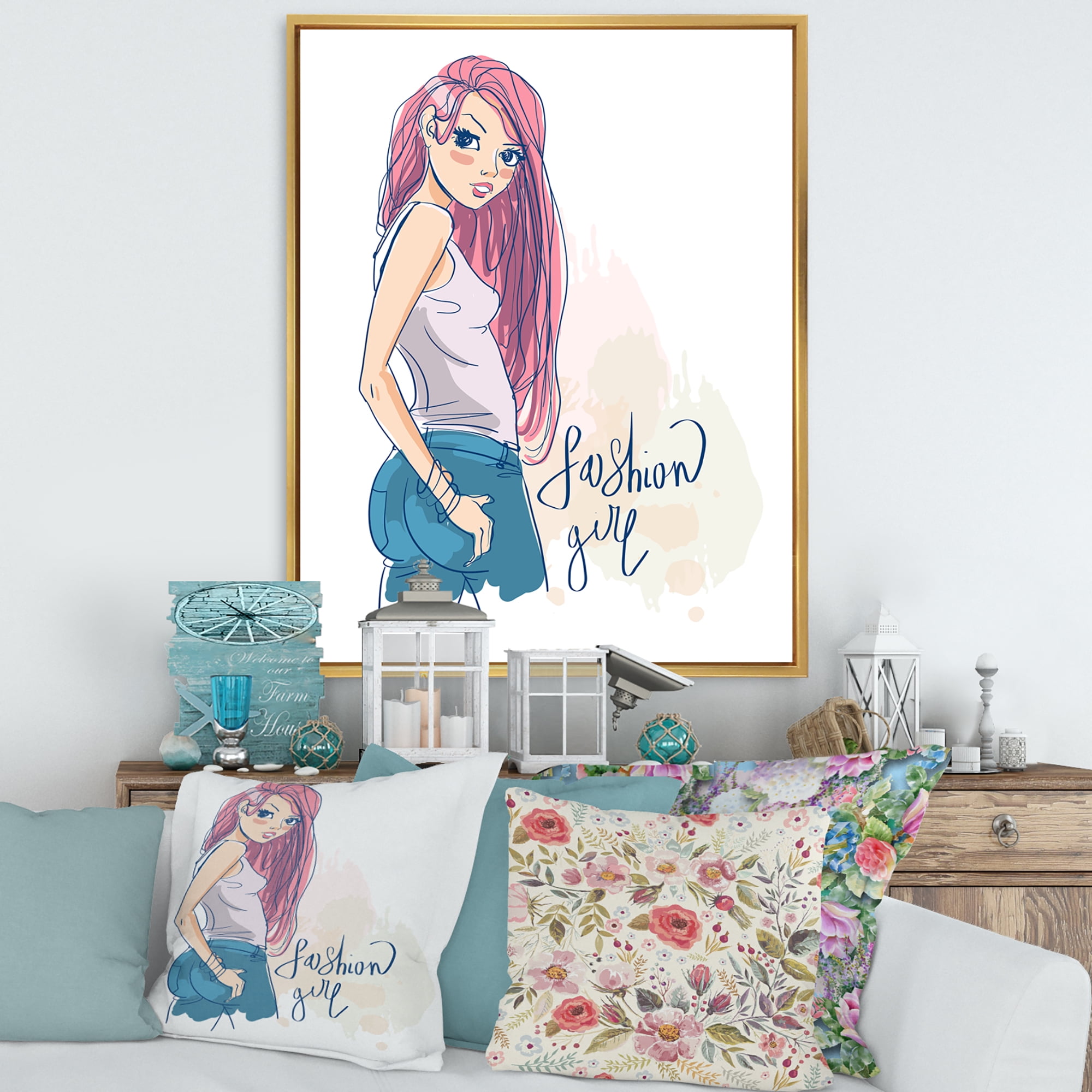 Designart 'Trendy Fashion Woman I' Children's Art Framed Canvas Wall Art Print