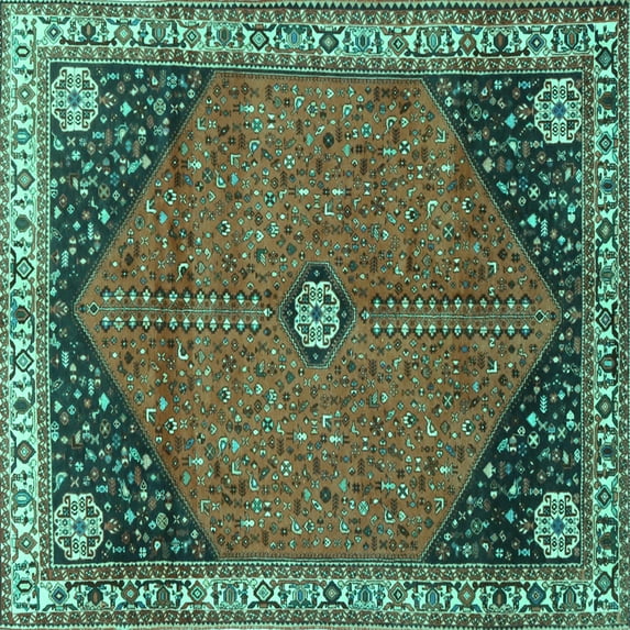 Ahgly Company Machine Washable Indoor Square Medallion Turquoise Blue Traditional Area Rugs, 3' Square
